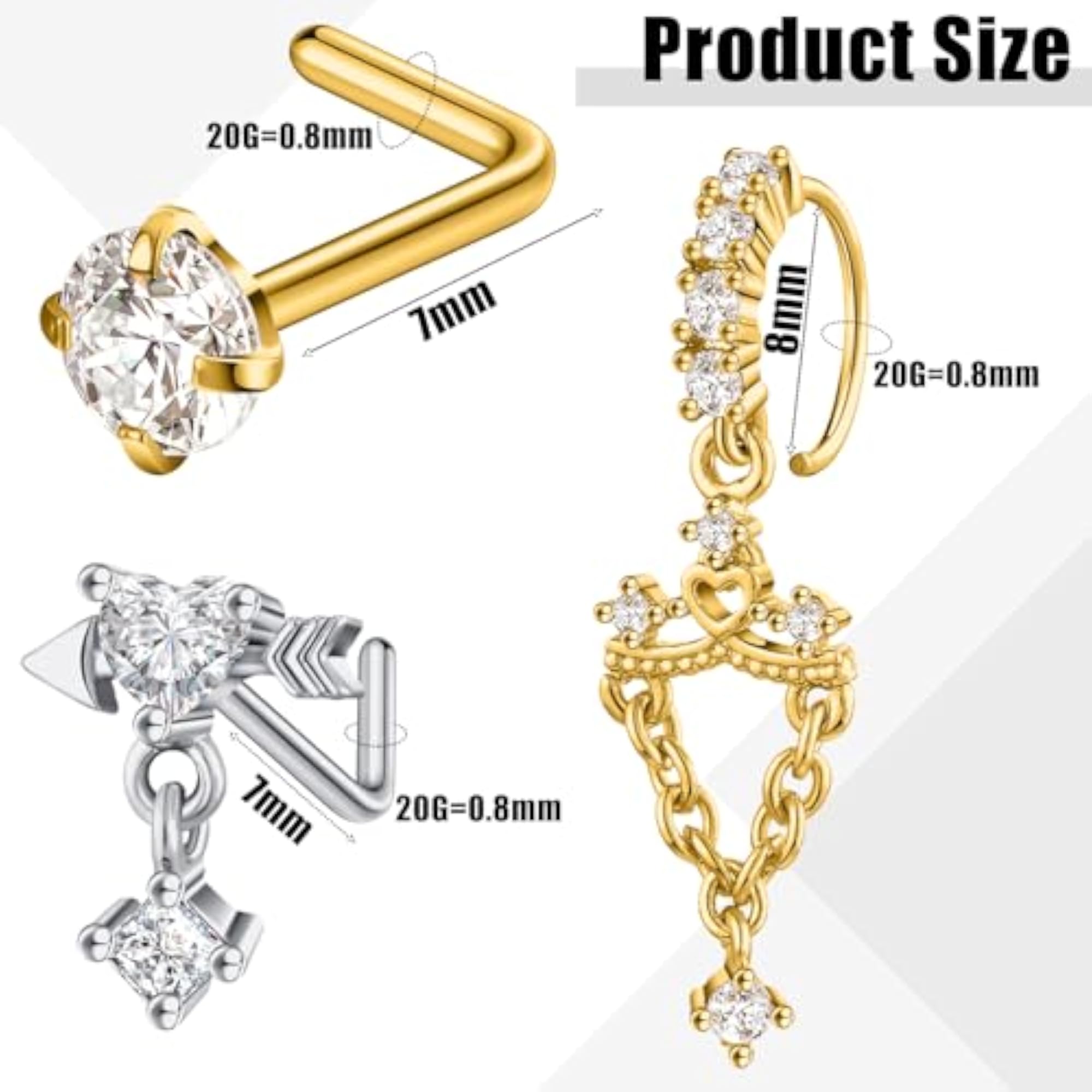 Women's 18 Pcs Dangle Nose Rings Set, Stainless Steel